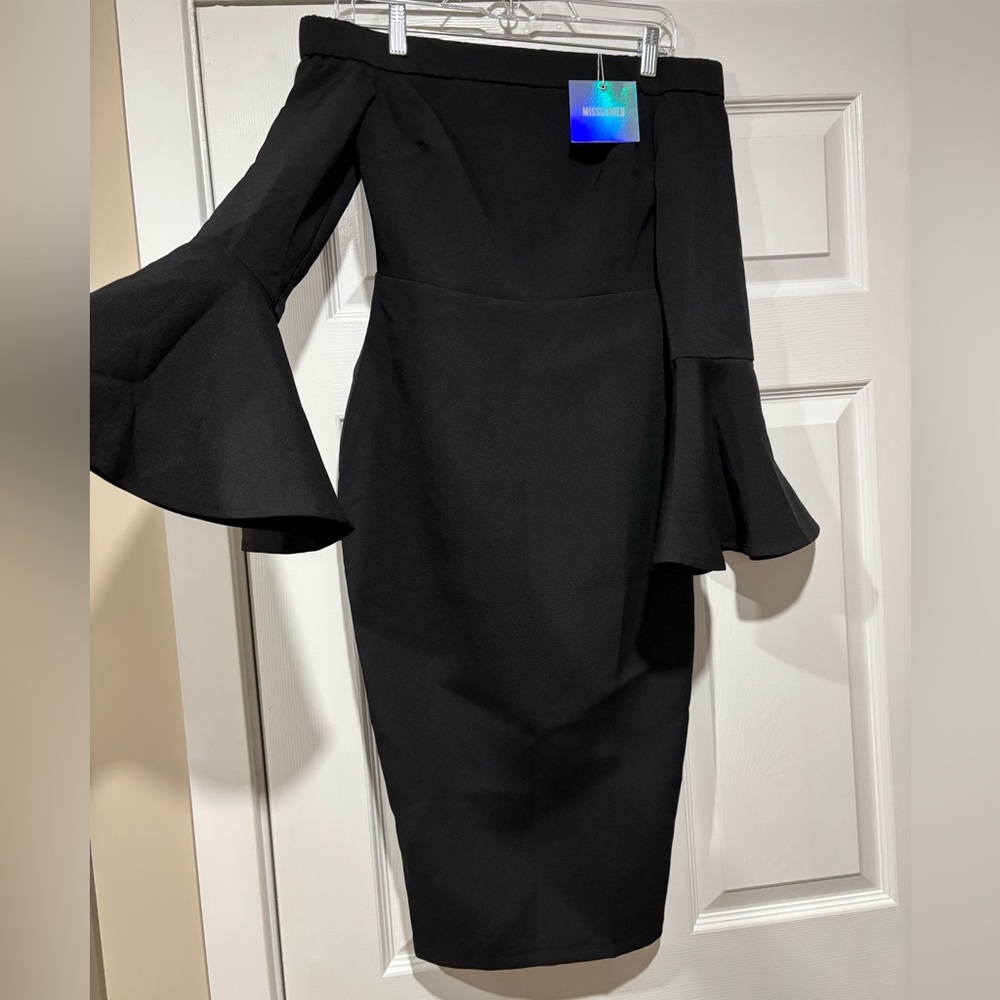 Missguided Black Bardot Frill Sleeve Tailored Midi Dress